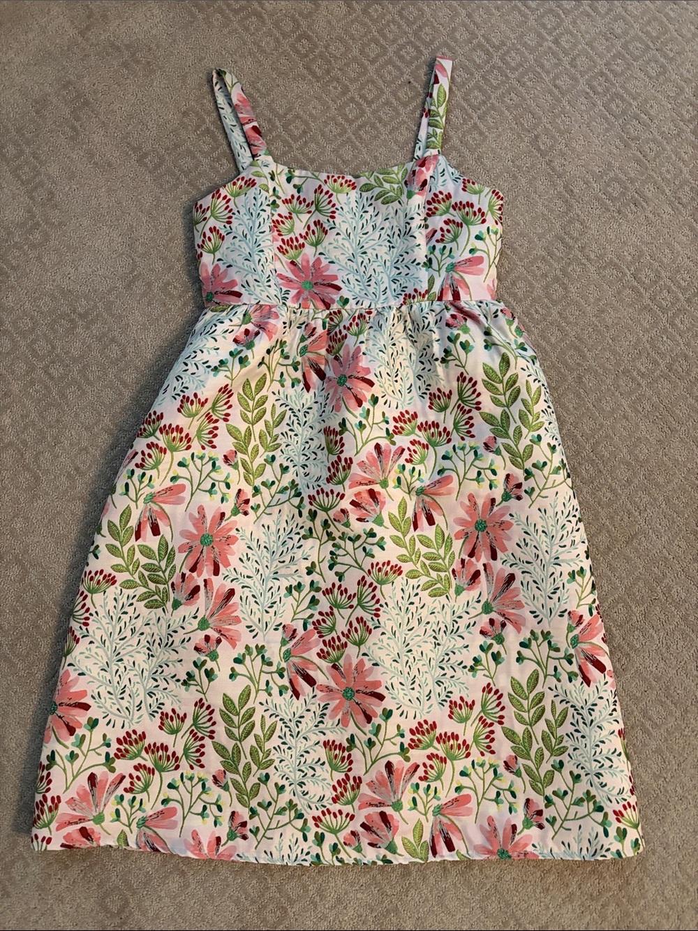THML Women’s tapestry White Floral Sundress with Pink & Green Print with pockets